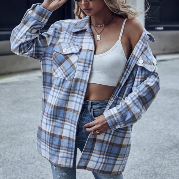 Bellanblue Tops - Blue Plaid pocket button up jacket shacket Cozy